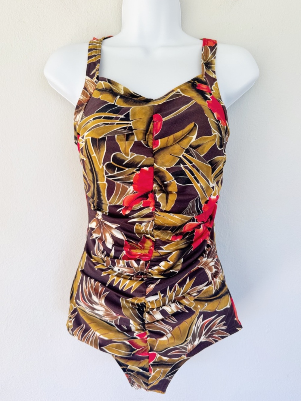 Vintage Suit Your Self! Brown red tropical floral one piece bathing suit size 12